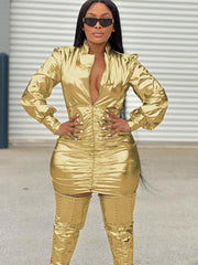 Vestito corto plissettato metallizzato dorato lucido da donna, nuovo autunno, manica lunga, abiti da sera, feste, club, festival 