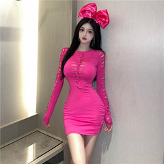 Mini abito da donna a maniche lunghe con scollo a V, elastico, da sera, attillato, corto, a tubino, fasciatura femminile
