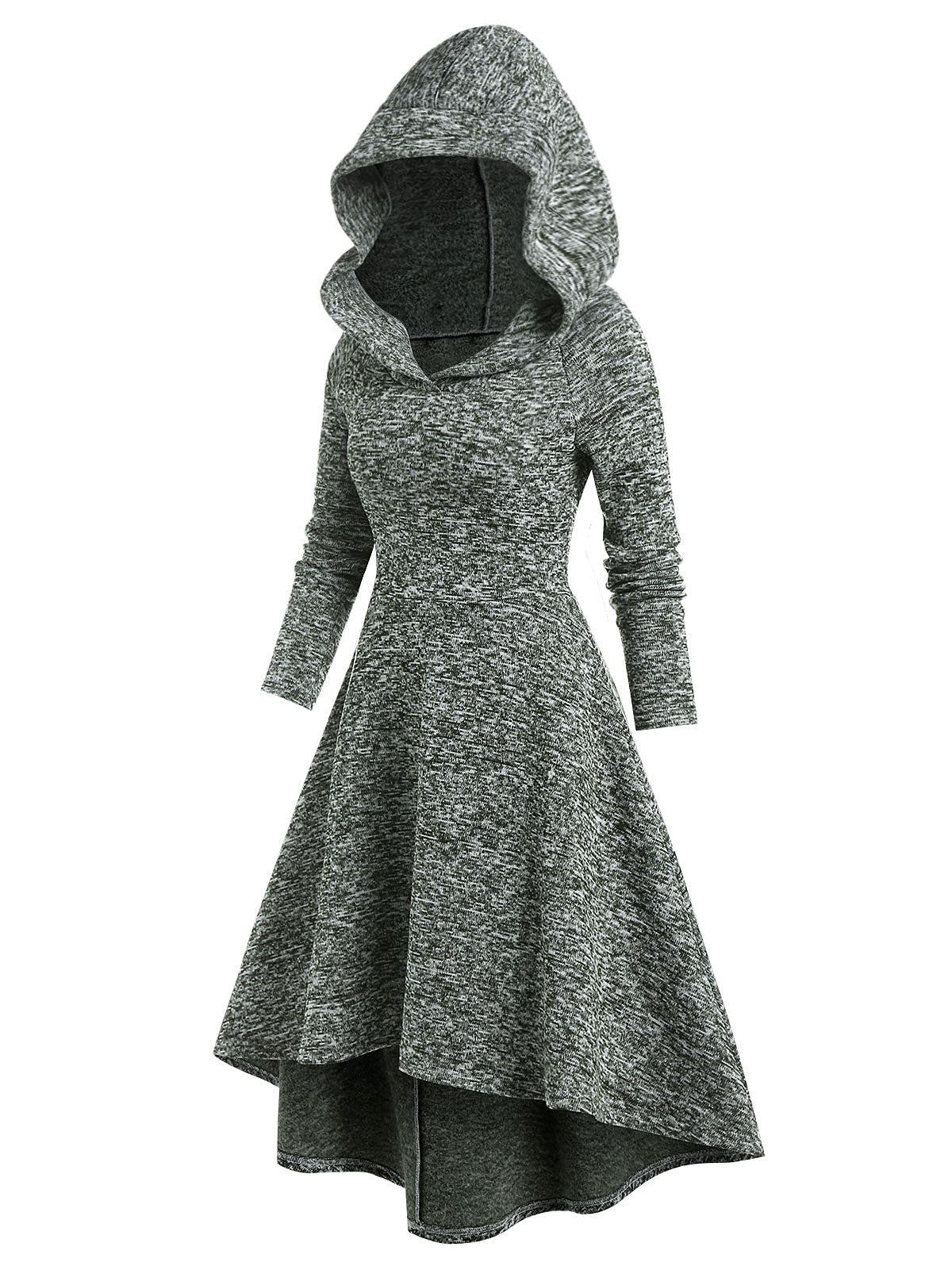 Hooded Heathered High Low Midi Knitted Dress Knit High Waist A Line Midi Irregular Vestido Feminino Autumn Winter
