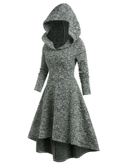 Hooded Heathered High Low Midi Knitted Dress Knit High Waist A Line Midi Irregular Vestido Feminino Autumn Winter