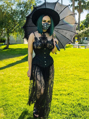 InsDoit Abito estivo sexy in stile gotico nero da donna in pizzo trasparente con fasciatura senza maniche, elegante abito lungo da festa in discoteca 
