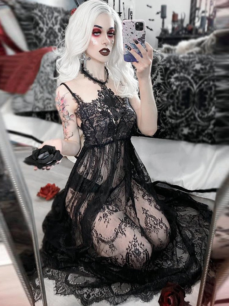 InsDoit Abito estivo sexy in stile gotico nero da donna in pizzo trasparente con fasciatura senza maniche, elegante abito lungo da festa in discoteca 