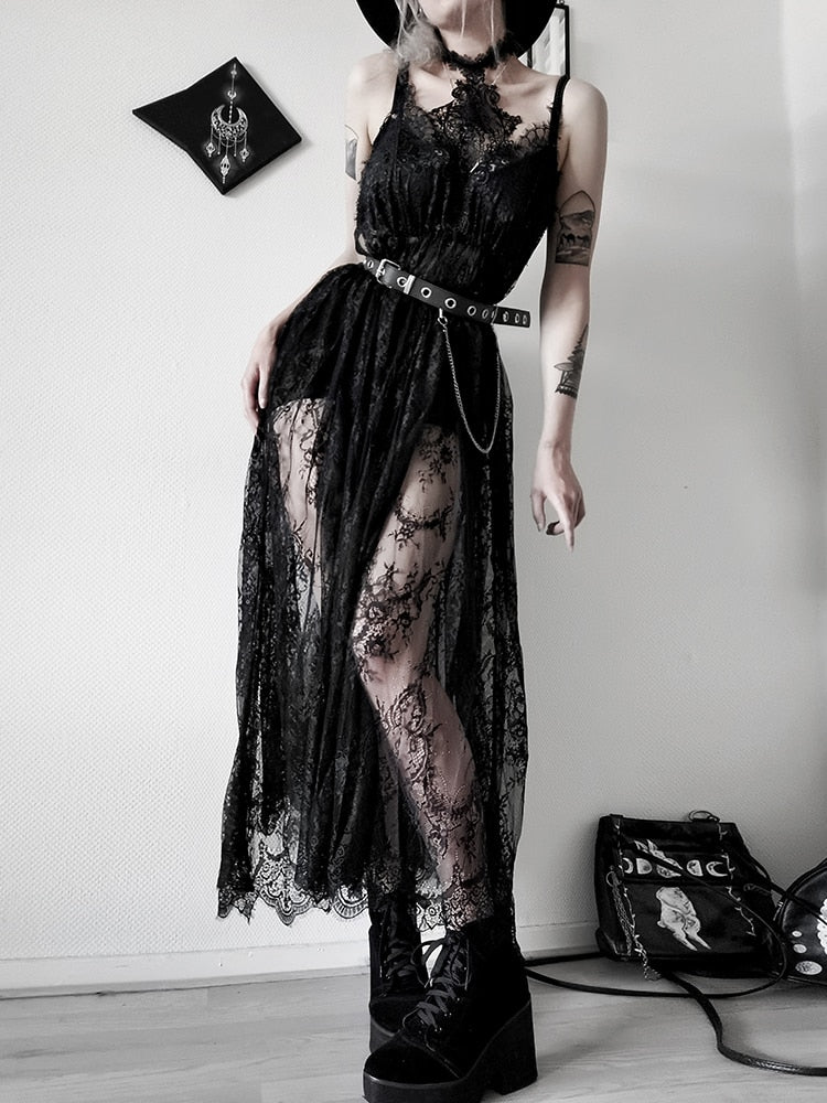 InsDoit Abito estivo sexy in stile gotico nero da donna in pizzo trasparente con fasciatura senza maniche, elegante abito lungo da festa in discoteca 