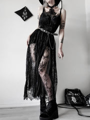 InsDoit Abito estivo sexy in stile gotico nero da donna in pizzo trasparente con fasciatura senza maniche, elegante abito lungo da festa in discoteca 