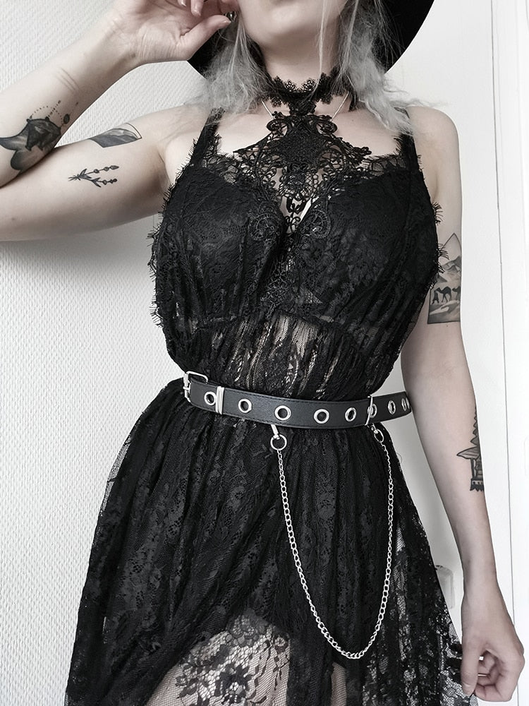 InsDoit Abito estivo sexy in stile gotico nero da donna in pizzo trasparente con fasciatura senza maniche, elegante abito lungo da festa in discoteca 