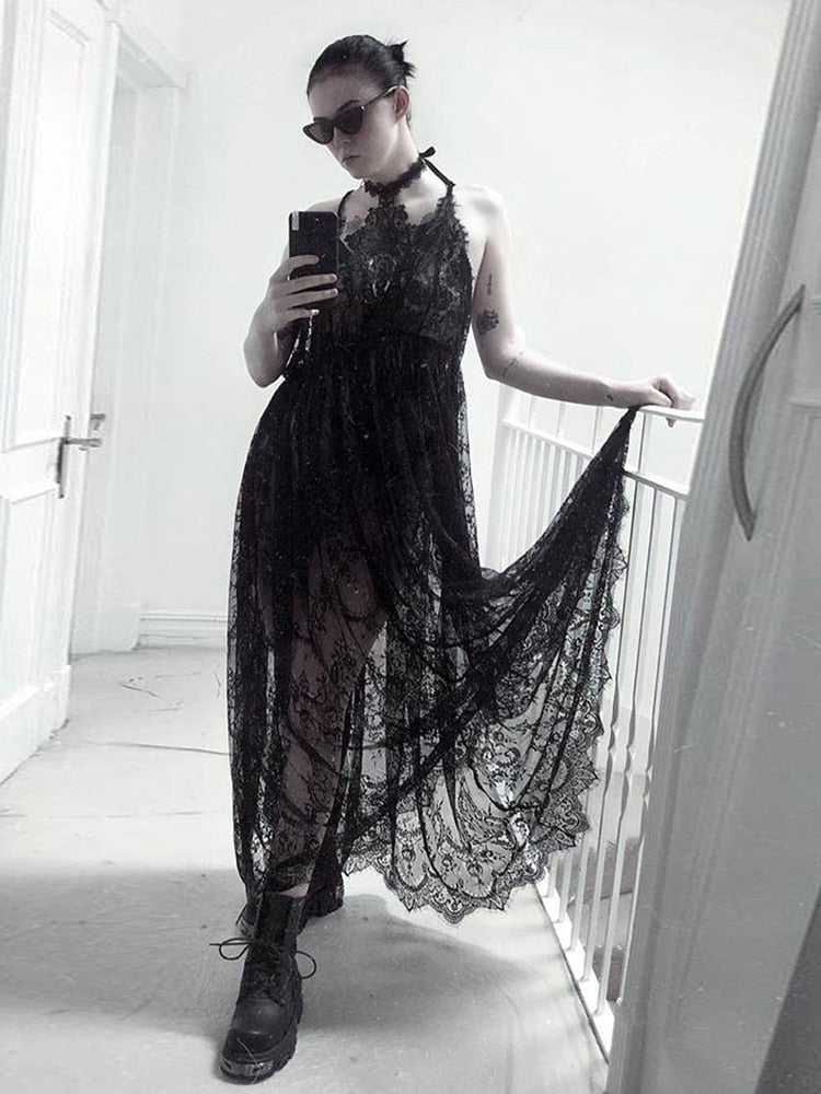 InsDoit Abito estivo sexy in stile gotico nero da donna in pizzo trasparente con fasciatura senza maniche, elegante abito lungo da festa in discoteca 