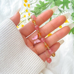 Bracciale con catena a sfere di cristallo naturale con ciondolo a farfalla rosa chic