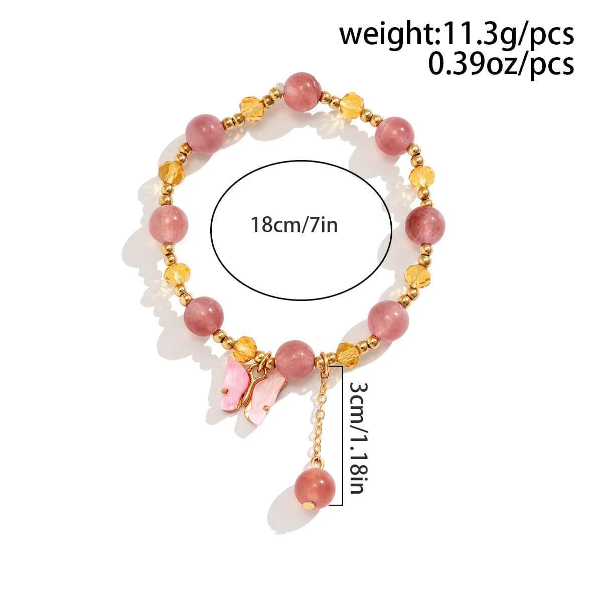 Bracciale con catena a sfere di cristallo naturale con ciondolo a farfalla rosa chic