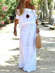 Horizontal Neck White Simple Women Casual Maxi Dress