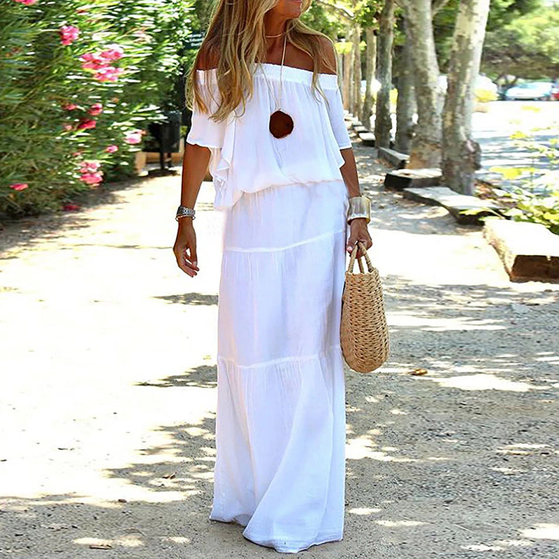 Horizontal Neck White Simple Women Casual Maxi Dress