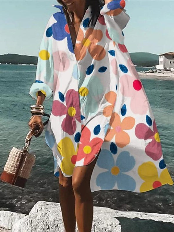 Abito midi con maniche lunghe e risvolto stampato floreale 